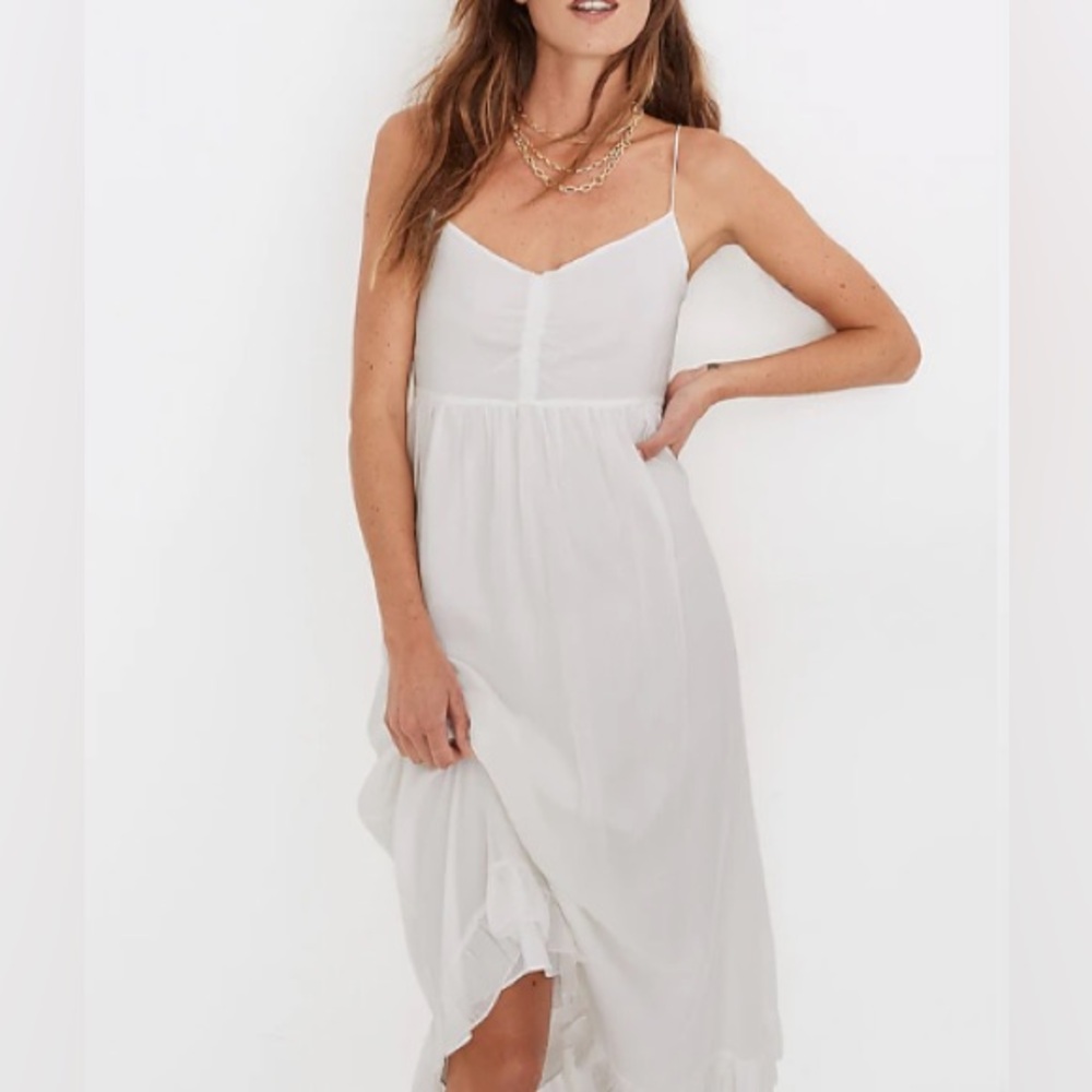 Madewell Silk Ruched Ruffle-Hem Midi Dress